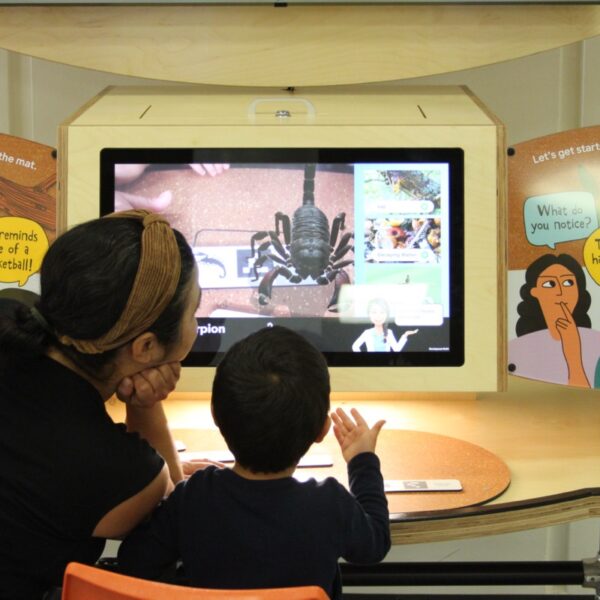 An adult and child are at the Bugtopia exhibit learning about bugs
