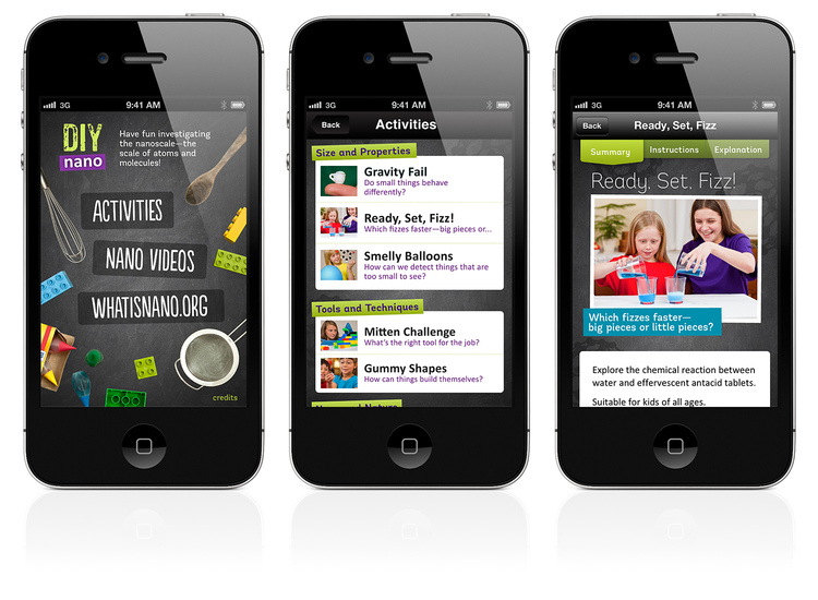 Three mobile phones with the DIY Nano app