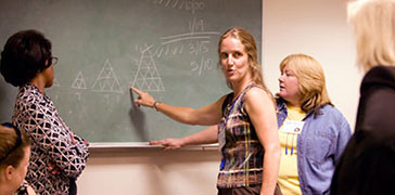 A group of teachers during a professional learning activity standing at a chalkboard