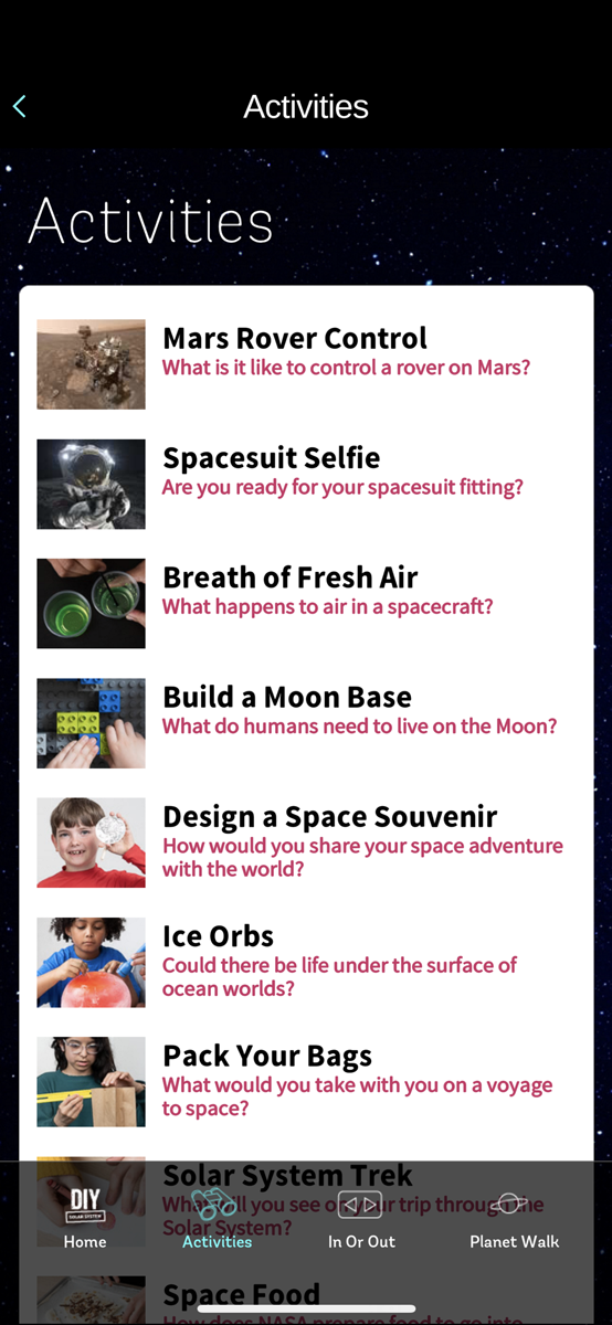 DIY Solar System - mobile view of app activities